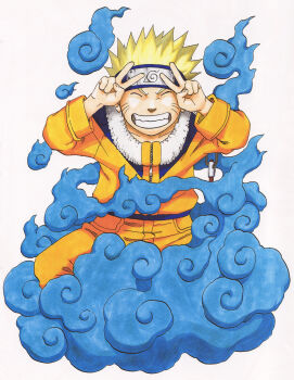 Rule 34 | 1boy, absurdres, blonde hair, closed eyes, colored smoke, double v, facial mark, forehead protector, grin, highres, jacket, kishimoto masashi, konohagakure symbol, looking at viewer, male focus, naruto (classic), naruto (series), official art, orange jacket, orange pants, pants, short hair, simple background, smile, smoke, solo, spiked hair, teeth, uzumaki naruto, v, whisker markings, white background
