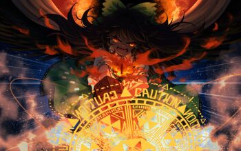 Rule 34 | 1girl, absurdres, arm cannon, bird wings, black wings, bow, brown hair, cape, collared shirt, commentary, commentary request, control rod (touhou), crying, crying with eyes open, english commentary, fire, green bow, green skirt, hair bow, highres, long hair, long sleeves, looking at viewer, magic circle, mixed-language commentary, open mouth, print cape, puffy short sleeves, puffy sleeves, red eyes, reiuji utsuho, shirt, short sleeves, skirt, solo, starry sky print, suteruko, tears, third eye, third eye on chest, touhou, variant set, weapon, white cape, white shirt, wings