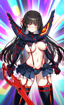 1girl black_gloves black_hair black_shorts black_shrug black_skirt black_thighhighs blush breasts chisa_(wuthering_waves) clenched_hand closed_mouth commentary cosplay english_commentary foxyreine gloves hair_ribbon headgear highres holding holding_sword holding_weapon kill_la_kill large_breasts long_hair long_sleeves looking_at_viewer matoi_ryuuko matoi_ryuuko_(cosplay) mole mole_under_eye navel red_eyes red_ribbon ribbon scissor_blade_(kill_la_kill) senketsu shorts showgirl_skirt shrug_(clothing) skirt solo stomach suspender_skirt suspenders sword thighhighs thighs v-shaped_eyebrows very_long_hair weapon wuthering_waves