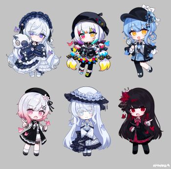 Rule 34 | 6+girls, absurdres, amemya, beret, black capelet, black hair, black hat, black shirt, blue hair, bow, braid, braided hair rings, capelet, chibi, chibi only, closed mouth, commentary, dress, flower, frilled dress, frills, full body, gradient hair, grey background, hair flower, hair ornament, hair over one eye, hair rings, hairband, hat, hat flower, heterochromia, highres, holding, holding magnifying glass, jogasaki noah, lolita fashion, lolita hairband, long hair, long sleeves, looking at viewer, magnifying glass, mahou shoujo no majo saiban, multi-tied hair, multicolored hair, multiple girls, natsume an-an, nikaido hiro, open mouth, pink eyes, pink hair, pointing, pointing at viewer, polka dot, polka dot bow, purple eyes, red eyes, red flower, sakuraba ema, shirt, short hair, simple background, sleeves past fingers, sleeves past wrists, smile, standing, streaked hair, tachibana sherry, tsukishiro yuki, untranslatable commentary, very long hair, white dress, white flower, white hair, white hat, x hair ornament, yellow eyes