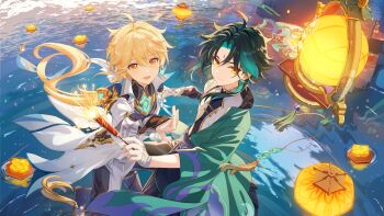 Rule 34 | 2boys, absurdres, aether (as heaven and earth are made anew) (genshin impact), aether (genshin impact), ahoge, alternate costume, aqua gem, aqua hair, armor, bandaged hand, bandages, beizi (clothing), belt, black boots, black gloves, black hair, black pants, black shirt, black tank top, blonde hair, blue belt, boots, chinese clothes, chinese commentary, chinese new year, closed mouth, commentary request, cowboy shot, earrings, eyeshadow, facial mark, fcc (fengcheche), fingernails, floating clothes, floating hair, forehead mark, gem, genshin impact, gloves, gold trim, gradient hair, hair between eyes, hair ribbon, hands up, highres, holding, holding fireworks, holding hands, jacket, jewelry, lake, lantern, lantern festival, long hair, long sleeves, looking at viewer, low ponytail, makeup, male focus, mandarin collar, multicolored hair, multiple boys, official alternate costume, official alternate hairstyle, open clothes, open jacket, open mouth, orange eyes, orange pupils, outdoors, pants, paper lantern, partially fingerless gloves, ponytail, red eyeshadow, ribbon, shirt, short hair, shoulder armor, sidelocks, single earring, single glove, sky lantern, smile, standing, star (symbol), star earrings, tank top, tassel, two-tone hair, wavy hair, white jacket, white ribbon, white shirt, wide sleeves, xiao (genshin impact), yellow eyes