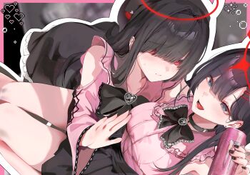 2girls absurdres bare_shoulders black_hair black_hat black_skirt blue_archive blue_eyes blush closed_mouth clothing_cutout dolechan drink hair_between_eyes hair_over_eyes hat high-waist_skirt highres holding holding_drink ichika_(blue_archive) jirai_kei justice_task_force_member_(blue_archive) long_hair looking_at_viewer monster_energy multiple_girls open_mouth pink_shirt red_eyes shirt shoulder_cutout sidelocks skirt sweatdrop yuri