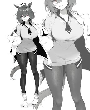 1girl absurdres agnes_tachyon_(umamusume) ahoge animal_ears boots breasts closed_mouth coat commentary_request hem_peeking_out highres horse_ears horse_girl horse_tail lab_coat large_breasts long_sleeves looking_at_viewer multiple_girls necktie off_shoulder open_clothes open_coat pantyhose shinnytofu short_hair short_necktie simple_background sleeves_past_fingers sleeves_past_wrists smile solo sweater tail umamusume white_background zoom_layer