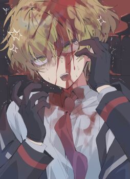 Rule 34 | 1boy, bad id, bad twitter id, black coat, black gloves, blonde hair, blood, blood in hair, blood on clothes, blood on face, coat, collared shirt, gloves, hands up, highres, inactive account, korean commentary, limbus company, male focus, maratang, necktie, open mouth, pool of blood, project moon, red necktie, rolling eyes, shirt, short hair, sinclair (project moon), suspenders, sweat, trembling, upper body, white shirt, yellow eyes