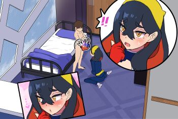 ! 1boy 1girl @_@ anger_vein averting_eyes bed bedroom black_hair blush boris_(noborhys) brown_hair carmine_(pokemon) censored character_censor clenched_hands clothed_female_nude_male completely_nude embarrassed florian_(pokemon) gloves hairband hetero highres holding holding_jacket holding_unworn_clothes indoors jacket kneeling koraidon looking_at_another looking_at_penis mole mole_under_eye multicolored_hair nintendo novelty_censor nude open_mouth penis_awe pink_hair pokemon pokemon_sv red_gloves red_hair scolding sitting standing sweatdrop two-tone_hair unworn_jacket v-shaped_eyebrows walking wariza yellow_eyes yellow_hairband