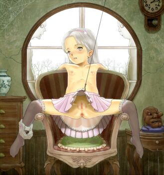 1girl 2boys anus ass bad_id blush chair clock creepy fine_art_parody flat_chest hairband hook l'amour_de_pierrot loli mask memento_mori multiple_boys nipples no_shoes optical_illusion original panties panties_around_leg parody pun pussy silver_hair skirt skull skyape spread_legs tengu_mask thighhighs thumbnail_surprise topless_female uncensored underwear vase when_you_see_it window