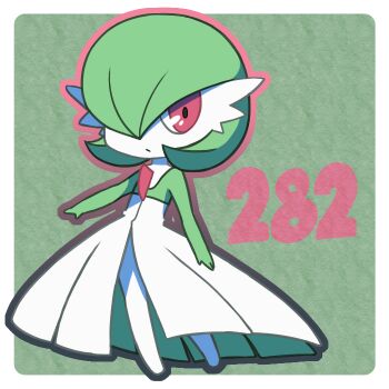 bob_cut colored_skin dress gardevoir gen_3_pokemon green_background green_hair green_skin hair_over_one_eye kiri1359 multicolored_skin nintendo no_feet pink_eyes pokemon pokemon_(creature) simple_background square two-tone_skin white_dress white_skin