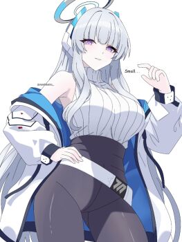 1girl black_pants blue_archive breasts commentary commentary_request english_commentary halo highres jacket large_breasts long_hair looking_at_viewer maddushn mechanical_halo mixed-language_commentary noa_(blue_archive) pants purple_eyes shirt sleeveless sweater very_long_hair white_hair white_jacket white_shirt