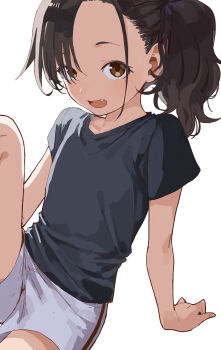 1girl :d arm_support black_shirt brown_eyes brown_hair commentary_request fang hair_over_one_eye highres knee_up looking_at_viewer open_mouth original ponytail shirt short_sleeves shorts side_ponytail simple_background sitting smile solo t-shirt white_background white_shorts yamamoto_souichirou