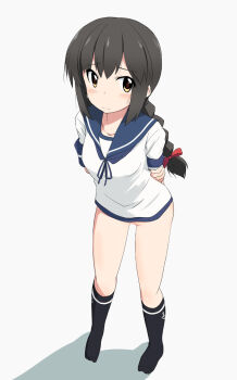 1girl anchor_symbol arms_behind_back black_socks blue_neckerchief blue_sailor_collar blush braid breasts brown_eyes collarbone commentary_request full_body hair_between_eyes isonami_(kancolle) kantai_collection kneehighs kugui_kiyunemu long_hair looking_at_viewer medium_breasts neckerchief no_panties no_pants no_pussy sailor_collar shadow shirt sidelocks simple_background single_braid socks solo standing sweat thighs white_background white_shirt