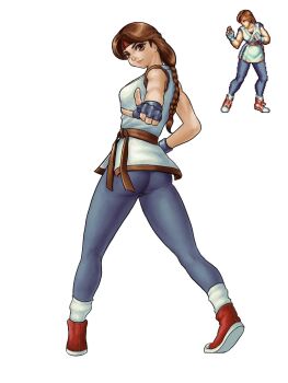 1girl ass breasts brown_eyes brown_hair dougi female_focus from_behind huge_ass isa1000mg karate_gi large_breasts leggings looking_at_viewer looking_back pants shoes skirt sneakers socks spandex the_king_of_fighters thick_thighs thighs yoga_pants yuri_sakazaki