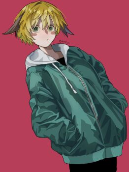 1girl artist_name blonde_hair brown_hair cowboy_shot fate/grand_order fate_(series) gareth_(fate) green_hair green_hoodie hand_in_pocket highres hood hoodie joxter_03 looking_at_viewer multicolored_hair pink_background solo two-tone_hair zipper