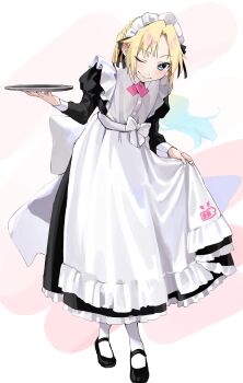 1girl ;) absurdres apron black_dress black_shoes blonde_hair blue_eyes blue_hair braid cho_toutoi_love commentary dress frilled_apron frilled_dress frills full_body gradient_hair hashtag-only_commentary highres holding holding_tray juliet_sleeves link!_like!_love_live! long_dress long_sleeves looking_at_viewer love_live! maid maid_apron maid_headdress mary_janes multicolored_hair official_alternate_costume one_eye_closed osawa_rurino ponytail puffy_sleeves repurika shoes skirt_hold smile socks solo tray virtual_youtuber white_apron white_socks