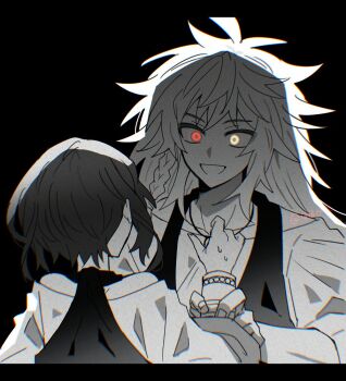 1616note 1boy 1girl black_background braid commentary_request greyscale heterochromia holding_another&#039;s_wrist jewelry king_of_prism long_hair looking_at_another monochrome necklace open_mouth pretty_rhythm pretty_series red_eyes rinne_(pretty_rhythm) shine_(pretty_series) shirt short_hair side_braid simple_background smile spot_color upper_body yellow_eyes