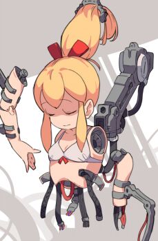 1girl android bra cable closed_eyes machine machinery maintenance mechanical_arms mechabare mega_man_(classic) mega_man_(series) ponytail red_ribbon ribbon robot roll_(mega_man) shimazaki1152 underwear