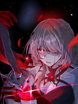 1girl acheron_(honkai:_star_rail) artist_name black_background blood bloody_tears breasts bright_pupils choker cleavage colored_extremities commentary_request cracked_skin flower glowing hair_over_one_eye hand_on_hilt highres honkai:_star_rail honkai_(series) large_breasts long_hair nisoniso_0310 parted_lips red_eyes red_flower red_hands sheath unsheathing white_hair white_pupils