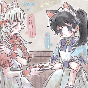 2girls akinashi_haru animal_ears apron bell black_hair blue_bow blue_bowtie blue_dress blue_eyes blush bow bowtie cat_ears cat_girl chinese_text dress frilled_dress frilled_wrist_cuffs frills genderswap genderswap_(mtf) jingle_bell maid maid_headdress multiple_girls pink_dress red_bow red_bowtie saihate_eki side_ponytail tatsunami_shion translation_request white_apron white_hair wrist_cuffs yingtao_zi_liaoli