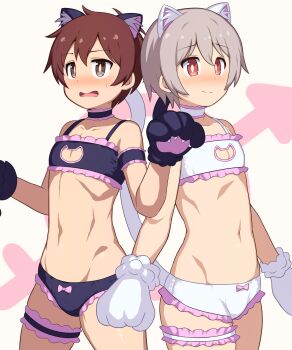 2boys absurdres animal_ear_fluff animal_ears animal_hands bare_arms bare_shoulders black_bra black_choker black_panties blush bow bow_panties bra brown_hair bulge cat_cutout cat_ears cat_lingerie cat_tail choker cleavage_cutout clothing_cutout collarbone commentary cowboy_shot crossdressing crossdressing_(mtf) embarrassed frilled_bra frilled_choker frilled_garter frilled_panties frills gloves grey_hair grin hair_between_eyes highres ko_banban98 male-female_symbol male_focus multiple_boys navel nose_blush onii-chan_wa_oshimai! open_mouth panties paw_gloves peanut_mouth pink_bow sakurada_yuuta senkawa_minato simple_background smile stomach tail trap underwear white_background white_bra white_choker white_panties