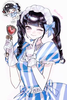 1girl ;) ;3 ;d absurdres black_hair blue_dress blunt_bangs blush chibi closed_mouth dress gloves hairband highres long_hair loobookk looking_at_viewer multiple_views one_eye_closed open_mouth original purple_eyes short_sleeves simple_background smile striped_clothes striped_dress twintails upper_body white_background white_gloves white_hairband