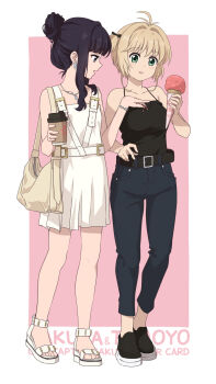 Rule 34 | 2girls, aged up, anime coloring, bag, belt, black hair, black shoes, blonde hair, border, brown bag, cardcaptor sakura, cardcaptor sakura clear card arc, character name, clamp (circle) (style), commentary, copyright name, daidouji tomoyo, denim, drink, fashion, feet, food, hair bobbles, hair ornament, hair up, handbag, highres, hobo bag, holding, holding drink, ice cream, jeans, jewelry, kinomoto sakura, laofuzi dai bansho, legs, multiple girls, necklace, no socks, outside border, pants, pink background, revision, sandals, shoes, short hair, skirt, stained clothes, standing, toes, white border, white skirt