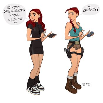 belt black_dress blue_tank_top boots braid breasts brown_shorts cleavage cosplay dress english_text highres holster lara_croft lara_croft_(cosplay) medium_breasts original parody pencil_skirt red_hair serge_birault shoes short_shorts shorts single_braid skirt sneakers speech_bubble tank_top thigh_holster thigh_strap tomb_raider weapon