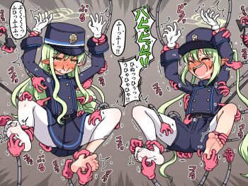 2girls barefoot blue_archive blue_hat crying earrings gloves green_halo halo hat highres hikari_(blue_archive) jewelry laughing loli long_hair multiple_girls nozomi_(blue_archive) pantyhose pointy_ears short siblings sisters skirt soles sweat tickle_torture tickling tickling_feet toes torn_clothes torn_pantyhose twins twintails white_pantyhose yancelot