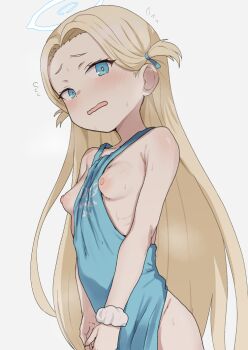 1girl apron blonde_hair blue_archive blush breasts bright_pupils grey_background halo hikoukeiro loli long_hair looking_at_viewer naked_apron ribs simple_background small_breasts solo sora_(blue_archive) white_halo white_pupils