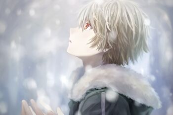 Rule 34 | 1boy, bare tree, black jacket, blonde hair, blurry, blurry background, blush, branch, commentary request, day, from side, fur-trimmed hood, fur trim, hair between eyes, hands up, hood, hooded jacket, jacket, long sleeves, looking up, male focus, noragami, open mouth, outdoors, profile, red eyes, rune (rne at), short hair, sky, snowing, solo, tree, white sky, winter, yukine (noragami)