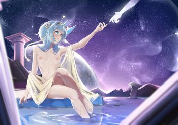1girl blue_eyes blue_hair breasts broken_pillar feet hairband highres jelly_hoshiumi legs long_hair nude phase_connect pillar pupi_(rain_prophet) sky star_(sky) star_(symbol) star_hairband starry_sky virtual_youtuber water yellow_hairband