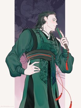 1boy black_hair border cheekbones commentary_request cowboy_shot dragon_print green_eyes green_hanbok hair_slicked_back hand_fan hand_on_own_hip highres holding holding_fan korean_clothes korean_commentary korean_text loki_(marvel) male_focus marvel medium_hair new_aeng solo thor_(marvel)_(series) twitter_username white_border