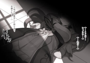 1girl arms_behind_back bare_shoulders black_pantyhose breasts commentary_request cone_hair_bun detached_sleeves dress gagged genshin_impact greyscale hair_bun highres keqing_(genshin_impact) large_breasts large_variant_set long_hair monochrome pantyhose saruanu solo twintails variant_set