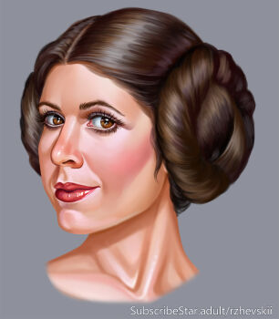 1girl brown_eyes brown_hair carrie_fisher double_bun grey_background hair_bun looking_at_viewer portrait princess_leia rzhevskii simple_background solo star_wars subscribestar_username watermark web_address