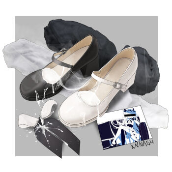 1girl artist_name asymmetrical_legwear bar_censor bow bowtie breasts censored censored_identity cheek_rest colored_skin commentary_request couch crossed_legs cum cum_in_footwear cum_on_clothes cum_on_floor cum_string derivative_work footwear_focus frilled_wrist_cuffs frills full_body hair_bow hair_intakes hairband high-waist_skirt high_heels highres light_smile lilith_(the_noexistencen_of_you_and_me) long_hair medium_breasts mismatched_legwear multiple_hair_bows pumps screenshot_redraw shoes sitting skirt solo still_life the_noexistencen_of_you_and_me thighhighs two_side_up unworn_bowtie unworn_thighhighs very_long_hair white_hair white_skin wrist_cuffs xnnagu