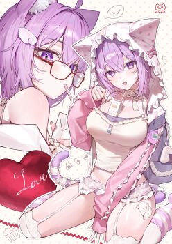 1girl absurdres ahoge animal_ear_fluff animal_ears animal_hood breasts camisole cat_ears cat_girl cat_hood cat_tail cleavage commentary crossed_bangs double-parted_bangs drinking garter_belt glasses hair_between_eyes highres hololive hood hood_up hooded_jacket jacket large_breasts looking_at_viewer loose_socks multiple_views myao_(myaodayone) nekomata_okayu no_pants panties paw_pose pink_socks purple_eyes purple_hair short_hair simple_background sitting socks striped_clothes striped_socks tail underwear virtual_youtuber white_background white_camisole white_garter_belt white_panties