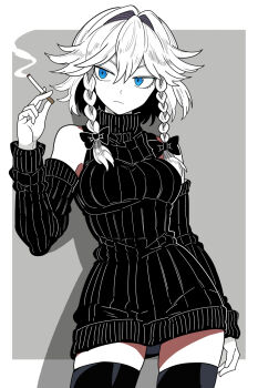 1girl alternate_costume black_bow black_sleeves black_sweater black_thighhighs blue_eyes bollzzalguy bow braid breasts cigarette cowboy_shot detached_sleeves hair_between_eyes highres holding holding_cigarette izayoi_sakuya knit_sweater looking_to_the_side medium_breasts medium_hair simple_background sleeveless sleeveless_sweater sleeveless_turtleneck smoke smoke_trail standing sweater thighhighs touhou turtleneck turtleneck_sweater twin_braids white_hair zettai_ryouiki