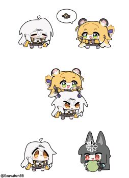 3girls afterimage ahoge animal_ear_fluff animal_ears aqua_jacket arm_out_of_sleeve armlet arms_up asymmetrical_gloves bird black_bird black_hair black_shoes black_skirt black_unitard blonde_hair blush bow bright_pupils buffering chibi chibi_only closed_eyes closed_mouth colored_inner_hair comically_large_ears commentary elbow_gloves food fox_ears fox_girl fruit gloves hair_between_eyes hair_ornament hairpin high-waist_shorts highres holding holding_food holding_fruit hoshimi_miyabi jacket jewelry ju_fufu loading_icon long_hair looking_at_another melon multicolored_eyes multicolored_hair multiple_girls no_pupils on_head open_mouth orange_eyes orange_fur red_eyes shoes shorts sima_(startwitch) simple_background single_elbow_glove single_glove single_thighhigh skirt spoken_character striped_fur striped_hair symbol-only_commentary tail tail_bow tail_ornament thigh_strap thighhighs tiger_ears tiger_girl tiger_stripes tiger_tail twitter_username uneven_gloves very_long_hair white_background white_hair white_pupils yellow_eyes yellow_jacket yin_yang_pin yixuan_(zenless_zone_zero) zenless_zone_zero