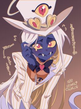 1boy black_bow black_bowtie blush bow bowtie colored_sclera colored_skin eye_on_hat fangs grey_skin halo hat hazbin_hotel hellaverse highres jacket long_hair looking_at_viewer male_focus orange_shirt pinstripe_jacket pinstripe_pattern red_eyes shirt sir_pentious snake_boy solo tkt_tru white_hair white_hat yellow_halo yellow_jacket yellow_sclera