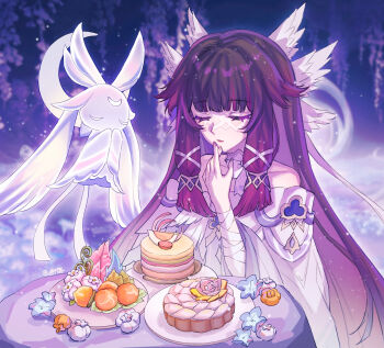 Rule 34 | 1girl, 1other, bare shoulders, black hair, bow, chinese commentary, closed eyes, columbina (genshin impact), commentary request, dress, eye mask, feathered wings, food, genshin impact, head wings, highres, liuyun (liuyun73492), long hair, luonnotar (genshin impact), mask, multicolored hair, off-shoulder dress, off shoulder, pink hair, sidelocks, upper body, white bow, white dress, white wings, wings