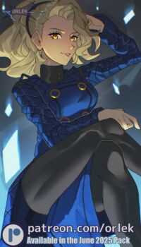 1girl artist_name black_pantyhose blonde_hair blue_dress blue_hairband breasts card commentary curtained_hair dress english_text feet_out_of_frame floating_card hairband large_breasts leg_over_thigh long_sleeves looking_at_viewer margaret_(persona) orlek pantyhose parted_lips patreon_logo patreon_username persona persona_4 smile solo watermark web_address yellow_eyes