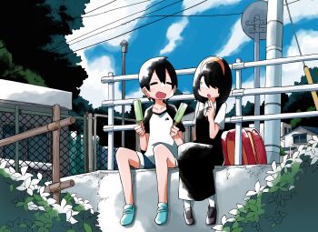 1boy 1girl absurdres backpack bag black_dress black_hair black_shoes blue_shoes blue_shorts building bush chain-link_fence child dress fence food hair_over_one_eye highres holding holding_food holding_popsicle jijou_wo_shiranai_tenkousei_ga_guigui_kuru. kawamura_taku medium_hair nishimura_akane official_art open_mouth outdoors pinafore_dress popsicle power_lines randoseru sharing_food shirt shoes short_hair short_sleeves shorts sitting sleeveless sleeveless_dress takada_taiyou unworn_backpack unworn_bag utility_pole