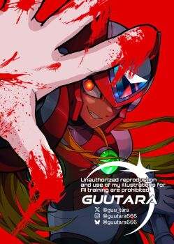 1boy armor blood blood_on_hands forehead_jewel glowing glowing_eyes guutara helmet highres lead_pipe male_focus mega_man_(series) mega_man_x4 mega_man_x_(series) red_armor red_background red_eyes red_helmet simple_background solo watermark zero_(mega_man)