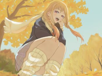 1girl :d black_jacket blazer blonde_hair blue_sky braid commentary_request day from_below grey_skirt jacket kitagawa_marin kneehighs knees long_sleeves looking_at_viewer looking_down loose_socks open_mouth outdoors red_eyes scarf shizupu skirt sky smile socks solo sono_bisque_doll_wa_koi_wo_suru squatting thighs tongue tree twin_braids white_scarf white_socks