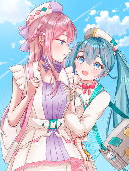 2girls absurdres aqua_eyes aqua_hair aqua_nails arm_hug bag belt beret blue_hair blue_sky blush bow bowtie breasts cloud commentary_request cropped_jacket diamond_hair_ornament dress hat hatsune_miku highres hug jacket long_hair looking_at_another maarin_(59567861) magical_mirai_(vocaloid) magical_mirai_luka magical_mirai_luka_(2024) magical_mirai_miku magical_mirai_miku_(2024) medium_breasts megurine_luka multiple_girls official_alternate_costume official_alternate_hairstyle open_mouth pink_bow pink_bowtie pink_hair pink_nails shoulder_bag sky sleeveless sleeveless_dress smile twintails very_long_hair vocaloid white_belt white_dress white_jacket