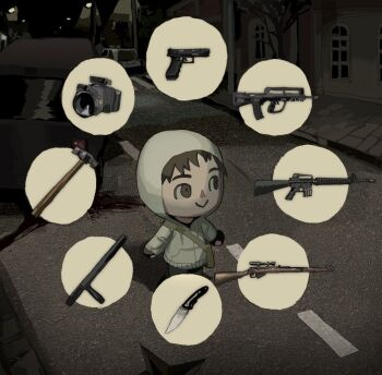 1boy animal_crossing assault_rifle baton_(weapon) blood blood_stain bolt_action brown_eyes brown_hair bullpup camera crossover cry_of_fear famas folding_knife gameplay_mechanics glock gun hammer handgun hood hoodie knife lee-enfield less-than-lethal_weapon m16 m16a2 nintendo pistol rifle si_tou simon_henriksson sniper_rifle weapon