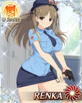 Rule 34 | 1girl, ahoge, blue necktie, blue shirt, border, breasts, brown eyes, brown hair, bun cover, card (medium), character name, closed mouth, day, double bun, female service cap, game cg, gun, hair bun, handgun, hat, holding, holding gun, holding weapon, large breasts, lightning ahoge, locker, locker room, long hair, necktie, official art, parted bangs, pencil skirt, police, police hat, police uniform, policewoman, renka (senran kagura), revolver, senran kagura, senran kagura new wave, shirt, skirt, smile, solo, weapon
