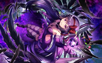 1girl akemi_homura akuma_homura argyle_clothes argyle_thighhighs armlet artist_request bare_shoulders black_collar black_shoes black_wings bow center_opening chest_tattoo collar detached_collar dress elbow_gloves eyelashes feather-trimmed_dress feathered_wings feathers floating floating_hair full_body game_cg gem gloves glowing_gem hair_bow hairband highres jewelry light_particles lips long_hair looking_at_viewer mahou_shoujo_madoka_magica mahou_shoujo_madoka_magica:_hangyaku_no_monogatari mahou_shoujo_madoka_magica_magia_exedra object_floating_above_hand official_art outline parted_lips pink_lips purple_dress purple_eyes purple_gem purple_gloves purple_hair purple_thighhighs red_bow red_hairband shoes side_slit smug solo soul_gem space strapless strapless_dress tattoo thighhighs third-party_source train_(clothing) two-sided_dress two-sided_fabric very_long_hair white_outline wings