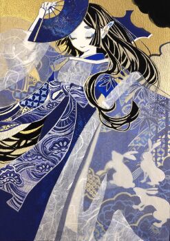 1girl animal_print arm_up black_hair blue_eyeshadow blue_kimono closed_eyes closed_mouth eyelashes eyeshadow floating_hair furisode furisode_sleeves hand_fan highres holding holding_fan japanese_clothes kimono layered_kimono long_hair makeup manaita_obi obi original paper_fan parted_bangs pointy_ears print_kimono rabbit_print sash shiguretau sidelocks smile solo standing thick_eyebrows wide_sleeves