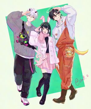 1girl 2boys absurdres animal_ears arm_up bag black_eyes black_hair black_pants black_shirt blue_eyes boots cheng_xiaoshi closed_mouth coat earmuffs fake_animal_ears full_body green_background grin hair_ornament halo hand_up headphones highres hood hood_down hoodie horns jacket jewelry long_hair long_sleeves looking_at_viewer lu_guang multiple_boys necklace open_mouth overalls pants pink_bag pink_scarf pink_skirt qiao_ling rabbit_ears salute scarf shiguang_dailiren shirt shoes short_hair shoulder_bag skirt smile standing sweater tail thighhighs uin9_0 white_coat white_hair white_hoodie white_jacket white_sweater