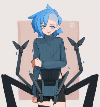 1girl aqua_eyes aqua_hair asymmetrical_hair black_shorts blue_sweater bright_pupils clothing_cutout commentary cowboy_shot dated english_commentary hand_on_own_arm highres hip_vent kart_prowler long_sleeves looking_at_viewer mechanical_arms mechanical_legs medium_hair numbered nyx_(kart_prowler) open_mouth original shorts sidecut signature smile solo sweater teeth undercut upper_teeth_only white_pupils