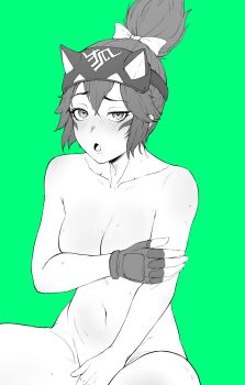 1girl :o absurdres animal_ears blush bow breasts commentary_request completely_nude covering_breasts covering_crotch covering_privates fake_animal_ears fingerless_gloves fox_ears fox_mask gloves green_eyes greyscale_with_colored_background hair_bow half_mask high_ponytail highres kiriko_(overwatch) mask mask_on_head medium_breasts mishislover nude open_mouth overwatch overwatch_2 ponytail raised_eyebrows single_fingerless_glove sitting solo spanish_commentary sweat